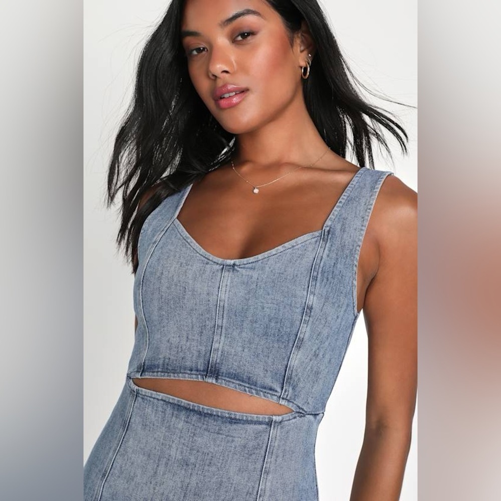 LULU’S CHARMING EDGE DENIM CUTOUT MINI DRESS - Picture 3 of 12